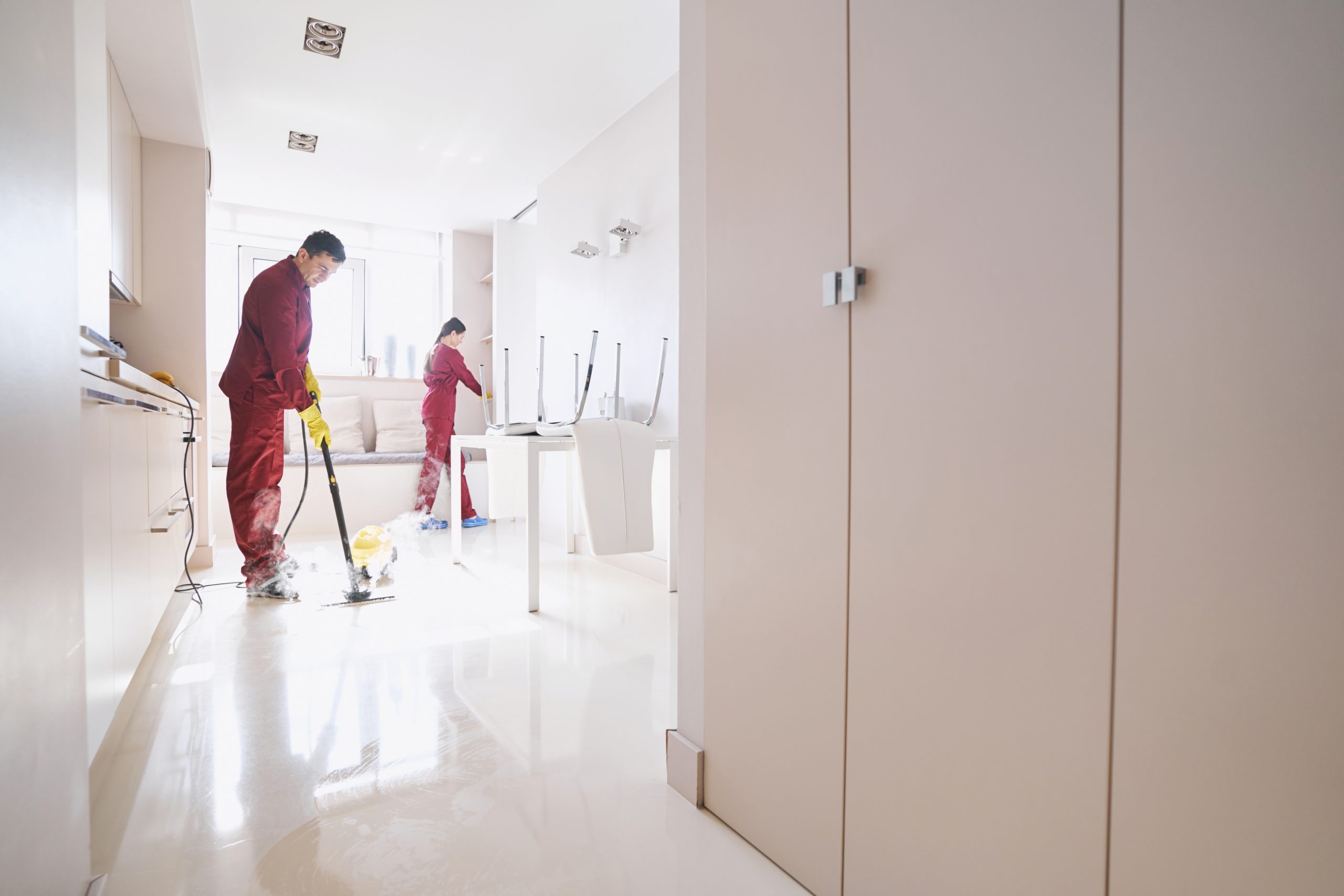 Two professional cleaners doing cleaning in kitchen-slider